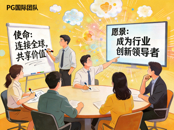 PG国际团队围绕使命愿景进行头脑风暴的创意插图