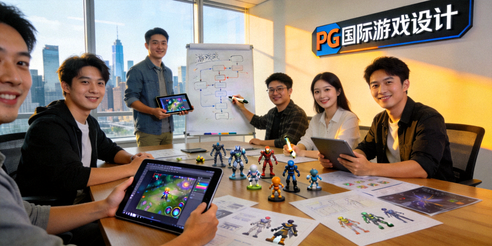 PG国际团队在现代化办公室中协作讨论游戏设计的场景