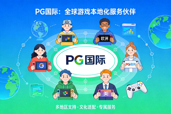 PG国际作为全球合作伙伴，为不同地区的玩家提供本地化游戏支持和服务的概念图