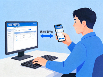 用户正在电脑和手机之间选择下载平台的示意图